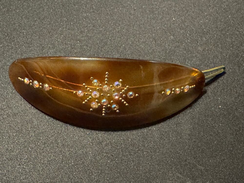 Vintage Hair Barrette.  Tortoise Gardenia Cellulose Sparking Rhinestones